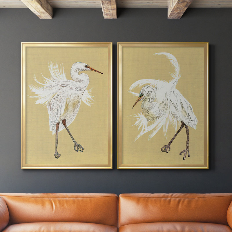Heron Plumage V, ensemble de 2 reproductions de cadres rectangulaires sur toile, Encadrement doré