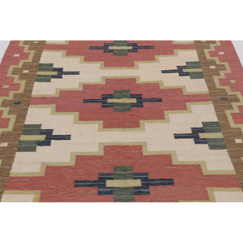 Vintage Swedish Rya Flatweave, Beige With Red Geometric Medallion - Rug & Kilim