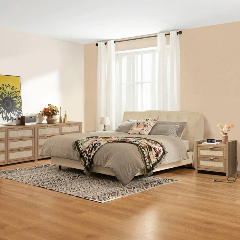 Ensemble de chambre à coucher en rotin 3 pièces, commode 6 tiroirs et table de chevet 2 tiroirs, Brun
