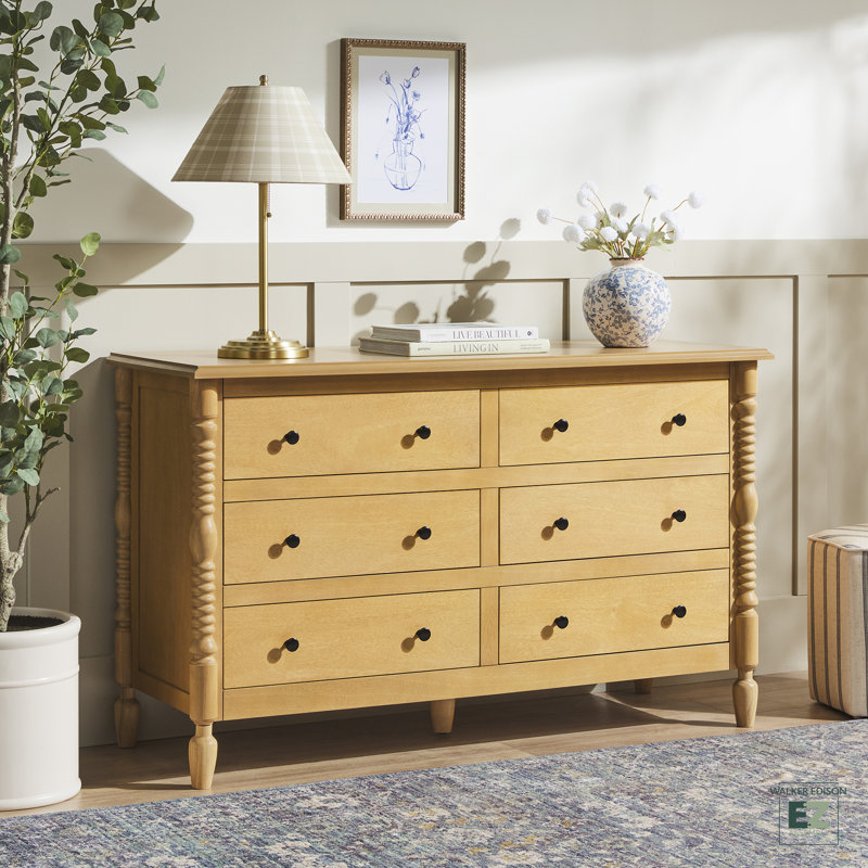 Vivienne Easy Assembly Solid Wood Spindle 6-Drawer Dresser, Natural