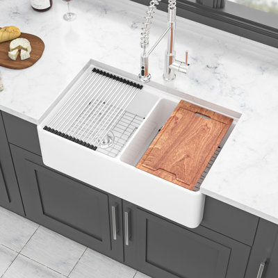 33 Inch Ceramic Sink Double Bowl Workstation - White, , To Scratches And , Space Farm Resistance, Kitchen