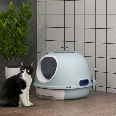 Bac à litière bleu avec couvercle - plateau de nettoyage simple et rapide, accès à la porte d'entrée, gestion des odeurs, chat portable efficace, minimisant les odeurs, poignées