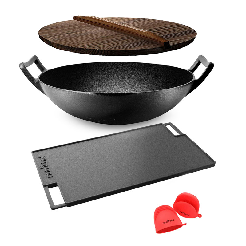 NutriChef 11.46 in. Non-Stick Cast Iron Wok with Lid