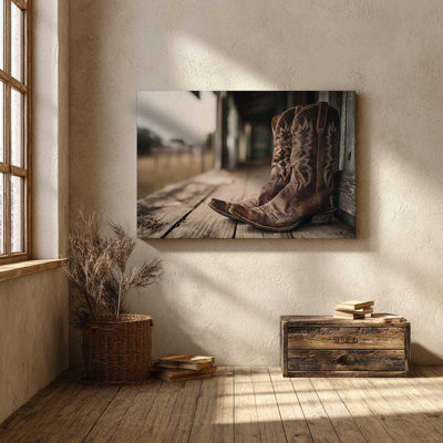 Worn Cowboy Boots Canvas Wall Art â€“ Rustic Western Ranch Decor â€“ Texas Farmhouse Country Print