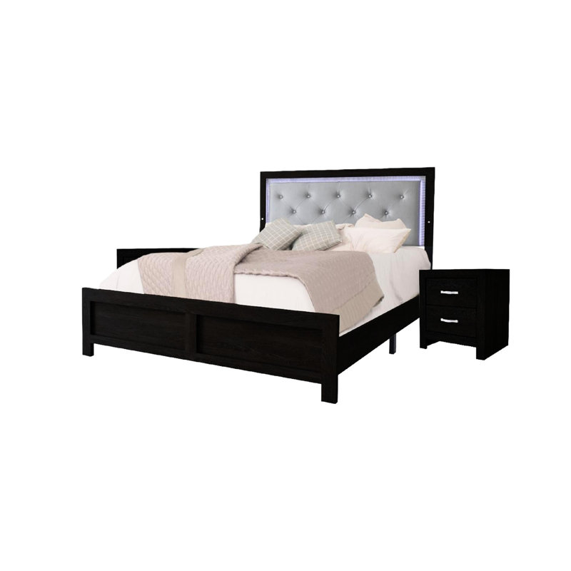 Grand lit noir en similicuir avec tête de lit - Revêtement gris, bouton, DEL, éclairage de chambre à coucher en bois de style moderne, cuir, bois