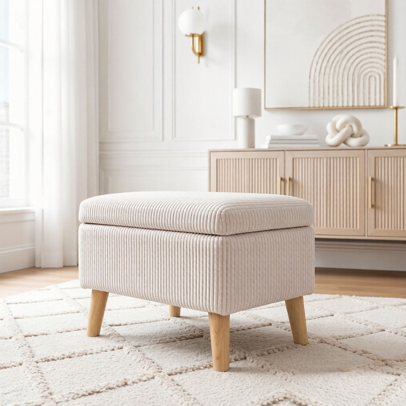 Banc de rangement en velours côtelé 32 pouces avec compartiment rabattable et pieds en bois massif, Beige