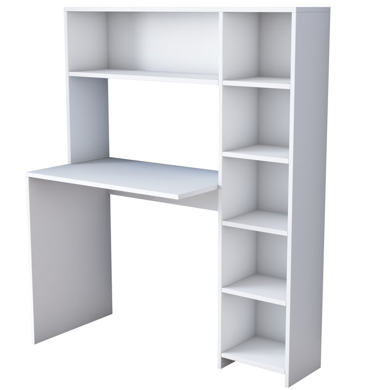 Modern Study Desk with Bookshelf, White, 44.5 x 55.8 x 15.7 inches | 100% Melamine Coated Particle Board, Max Weight Capacity: 77 lbs | Numerous Shelves for Additional Storage, Stylish & Functional Design for Home Office