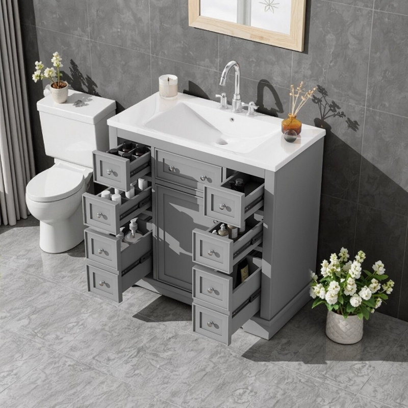 Ensemble de meuble-lavabo autoportant gris moderne 36 po avec 6 tiroirs et 1 armoire en bois massif et panneau de fibres à densité moyenne