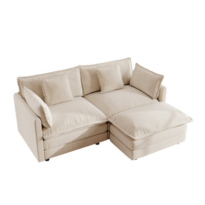 Chenille Two-Seater Sofa with 1 Footrest, 2 Seater L-Shaped Sectional with Ottoman,Loveseat with Ottoman for Small Living Space, Light Coffee Chenille