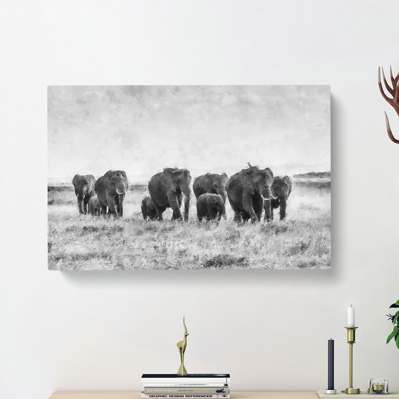 Herd Of Elephants Roaming - Wrapped Canvas, 60cm H x 91cm W x 3cm D