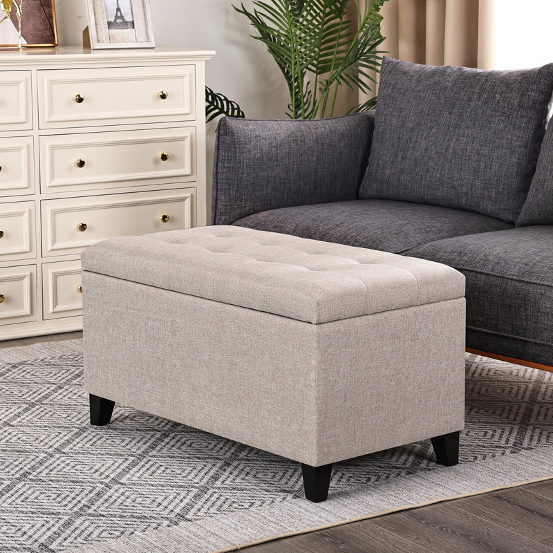 33 Inches Upholstered Storage Ottoman Bench, Beige Gray