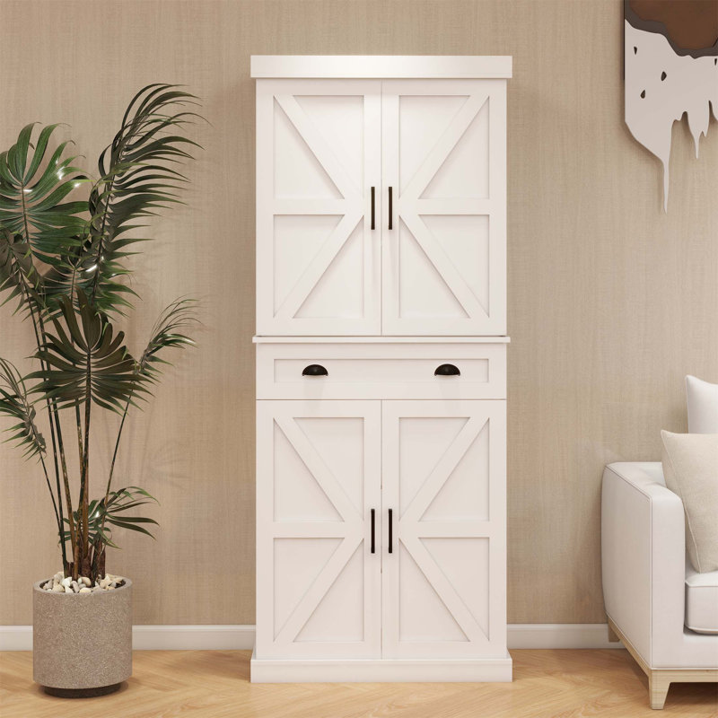 Élégant garde-manger de 71 pouces avec 4 portes, 1 tiroir et 2 tablettes réglables pour un rangement généreux et une utilisation polyvalente dans n'importe quelle pièce