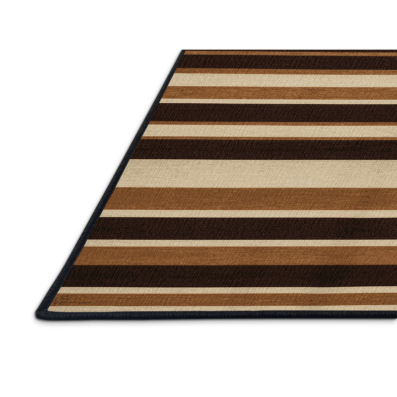 Washable Warm Brown Cream Striped Area Rug, Square 4'