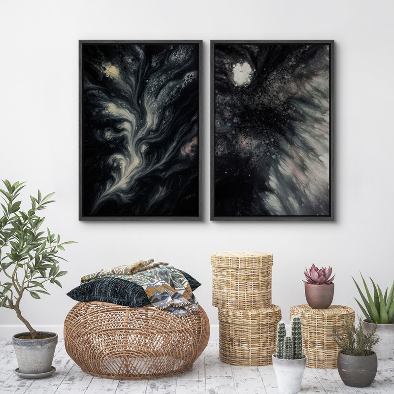 Art mural abstrait, ensemble de 2 reproductions d'art encadrées sur toile, H 24 po x l 32 po, Noir
