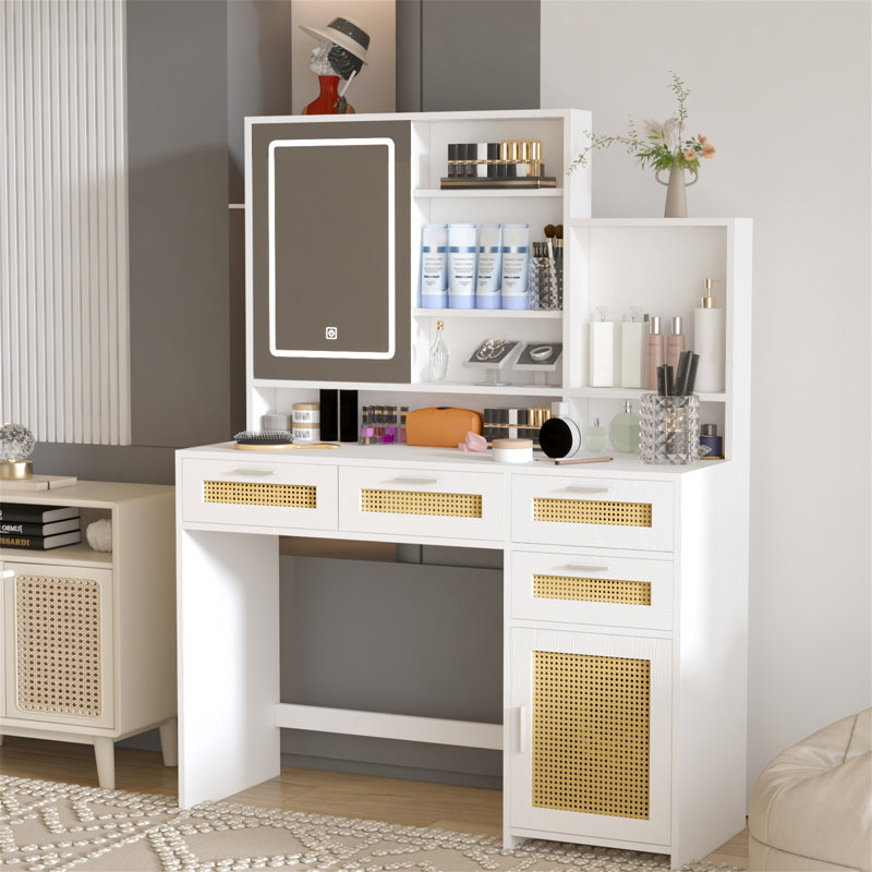 Coiffeuse de maquillage avec lumières en 3 couleurs et miroir ouvert, Blanc