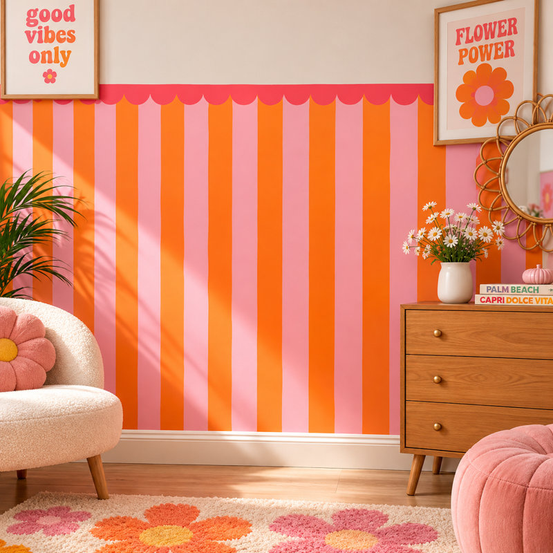 Adhésif décoratif à bordure festonnée 48 po de large orange et rose, 48 po de hauteur, L 48 po x H 48 po, Combo orange / rose