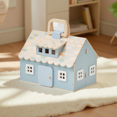 Teamson Kids Wooden Fold-Out Portable Wooden Dollhouse Cottage for 3.5" Dolls with Accessories