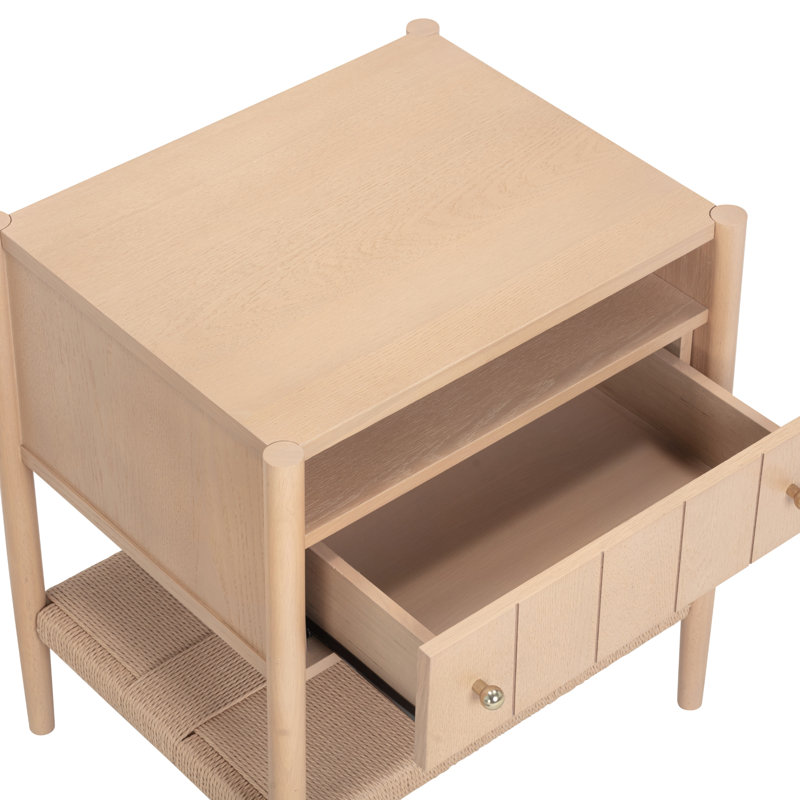 Defreitas Wood Nightstand With Drawer And Seagrass Bottom Shelf, Raw Oak