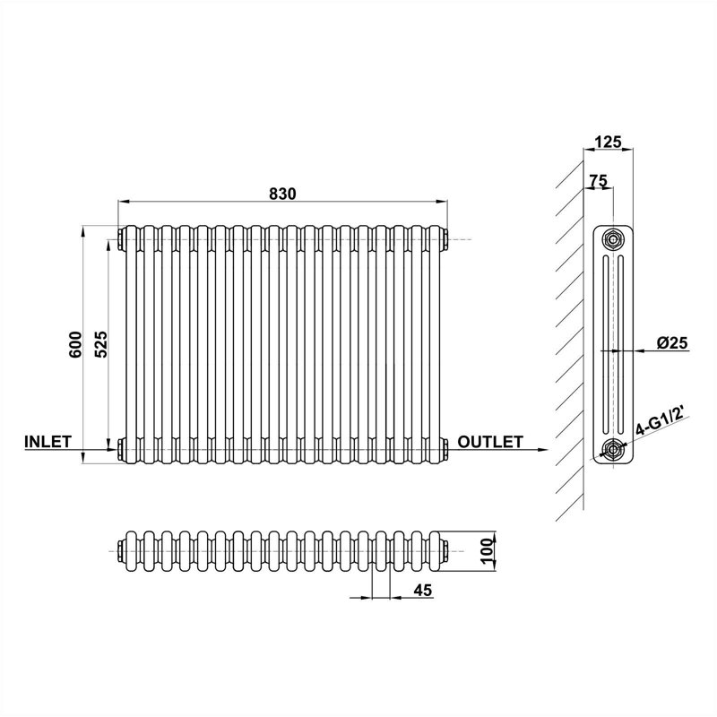 Traditional 2 3 Column Radiator Cast Iron Style Heating, Anthracite, 60cm H x 83cm W x 10cm D