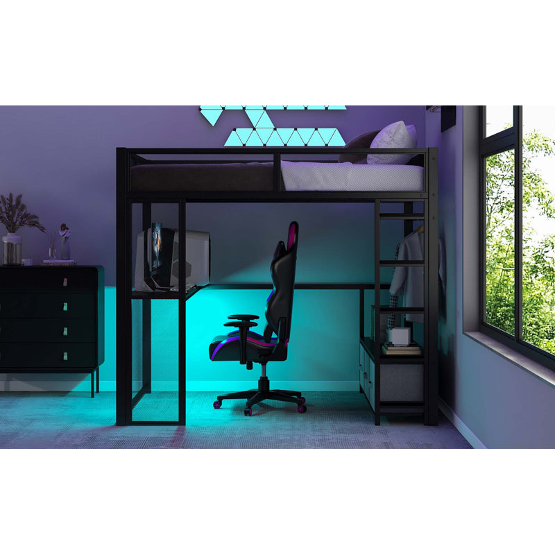 Lit mezzanine en métal pleine grandeur avec DEL, bureau, garde-robe ouverte et 3 tiroirs de rangement en lin, Noir