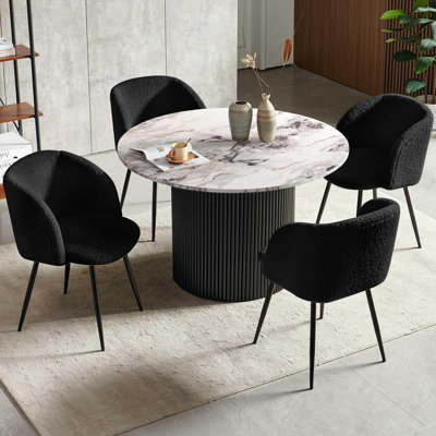 47" Round Dining Room Table And Chair Set, Black Marble Table With 4 Sherpa Kitchen Chairs For Dining Room Kitchen Apartment - Black