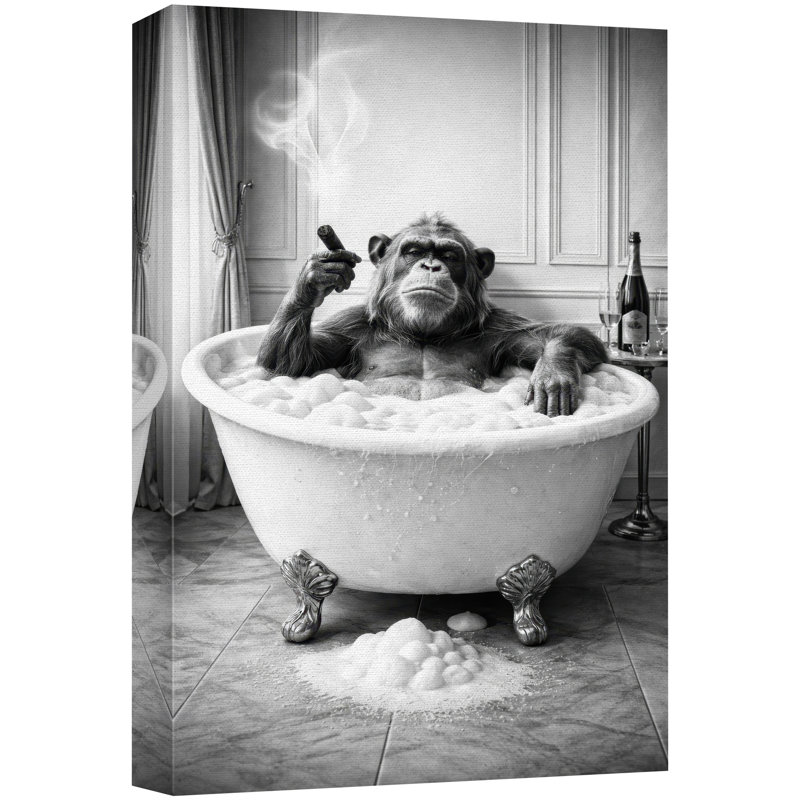 «Relaxed Monkey Bath Tubing», art en noir et blanc, images de décoration murale de salle de bain amusante, impression sur toile encadrée, impression numérique
