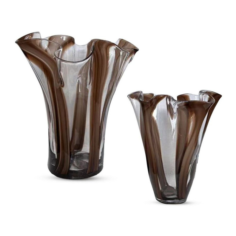 Mia Handblown Ruffled Glass Vase Set--Striped Artistry with Ruffled Rims, Brown, 12" H x 9" D