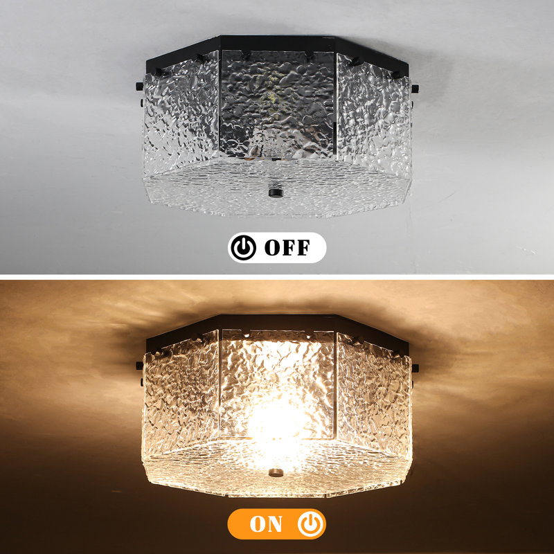 13'' 2-Light Black Modern Octagon Stone-Texture-Shaped Flush Mount Lighting Fixture For Living Room/ Bedroom