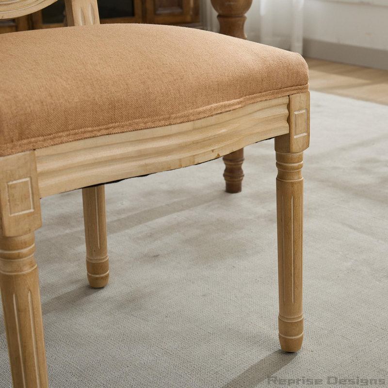 Chaise de salle à manger style français avec structure en bois massif et dossier en lin, ensemble de 2, Tanné