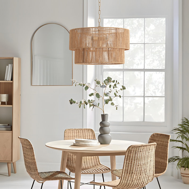 5-Lights Hand-Woven Rattan Pendant Light, Yellow