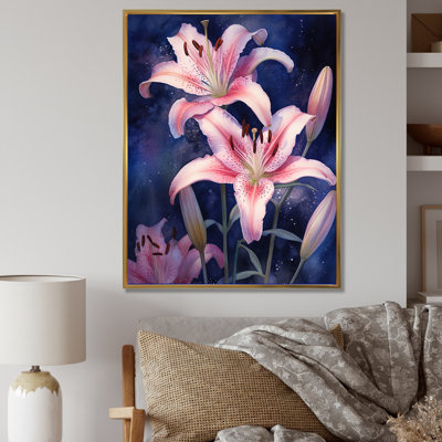 Pétales de lis roses et bleus sur toile