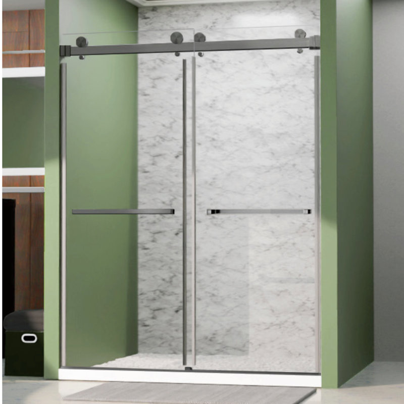 Royal 46 to 49 in. x 76 in. H Frameless  Double Sliding Shower Door with Two Towel Bars in Space Gray and 3/8 in. (10mm) Clear Glass