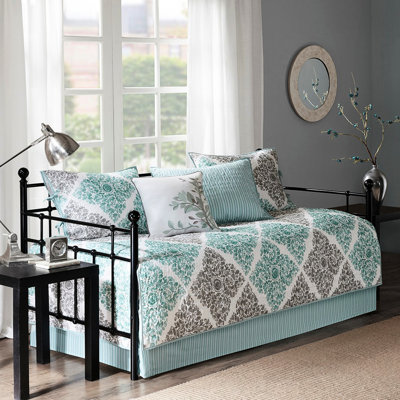 Housse de lit de jour réversible 6 pièces pour lit simple : 3 taies d’oreiller, 1 coussin décoratif, housse, style contemporain