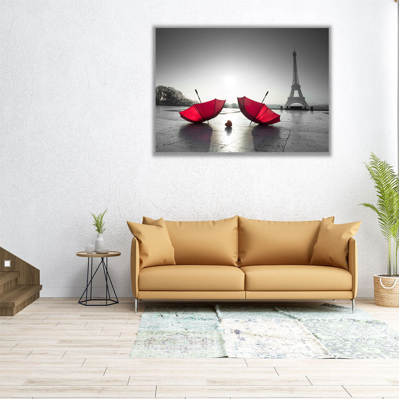 Deux parapluies à côté de la Tour Eiffel - reproduction d'art sur toile, H 18 po x l 24 po