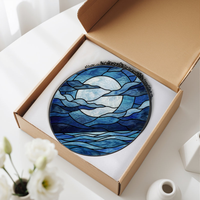 12"H Moon Waves Stained Glass Window Panel, 12" H x 12" W