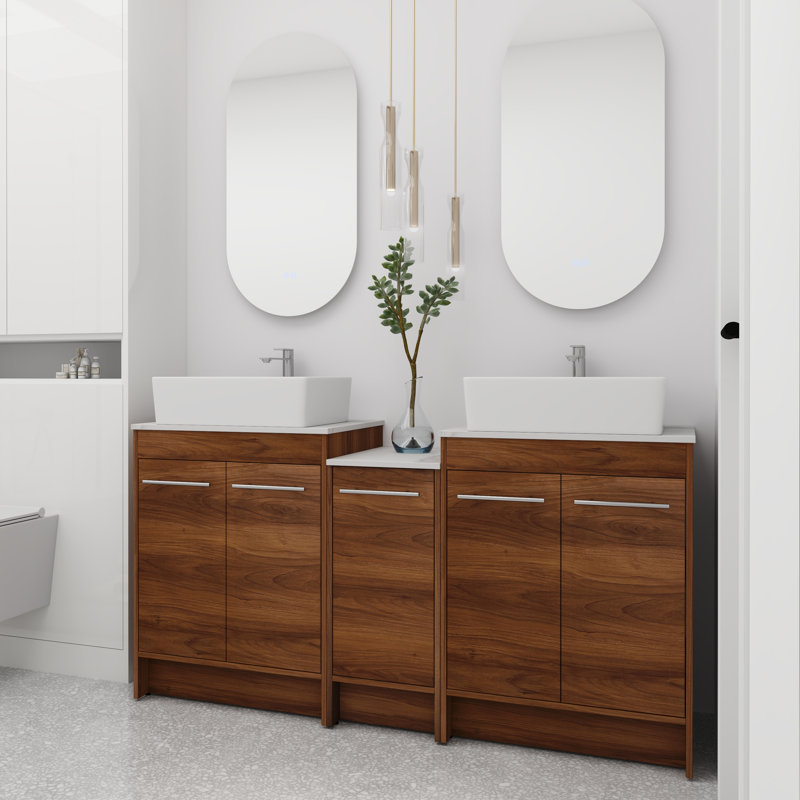 Ensemble de meuble-lavabo double 60 po Maricza, meuble-lavabo autoportant avec comptoir en céramique, 5 portes et 3 tablettes