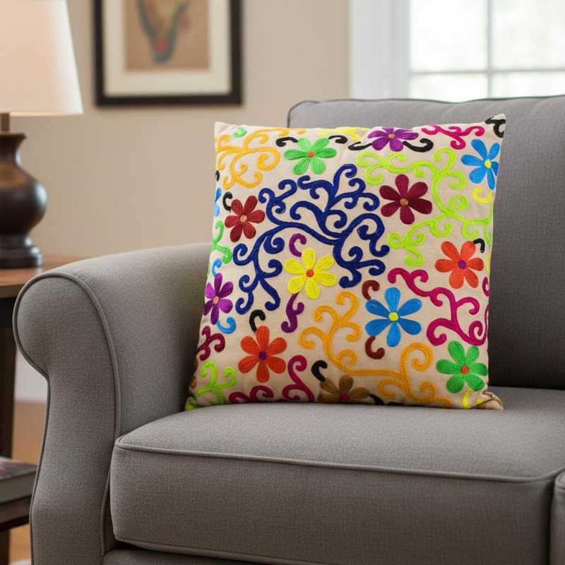 Ensemble de deux coussins décoratifs en coton à motif floral bleu et jaune de 20 po avec broderie