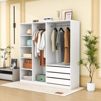 Contemporary Wooden Open Wardrobe with Double Hanging Rods and Spacious Storage