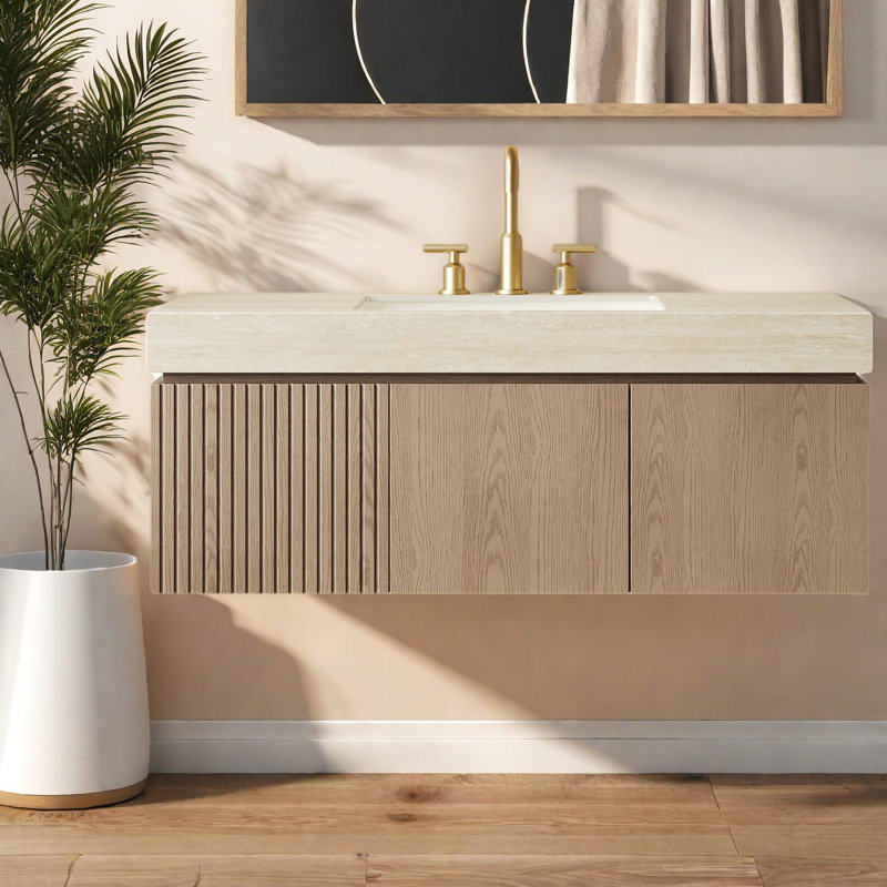 Meuble-lavabo et lavabo flottant Modern, plateau en travertin Roma