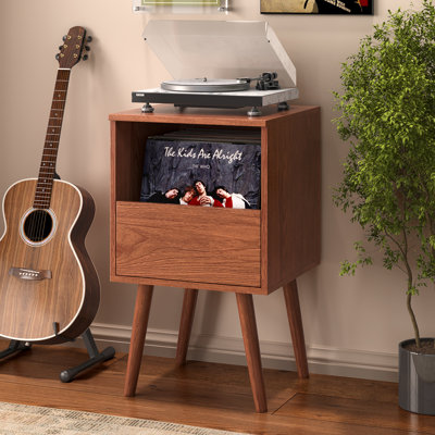  Support pour tourne-disque avec rangement en vinyle, armoire de rangement pour disques Mid-Century, support pour tourne-disque, organisateur de rangement pour disques en vinyle 7 po / 10 po / 12 po avec tiroir pour le salon, coin musical, brun