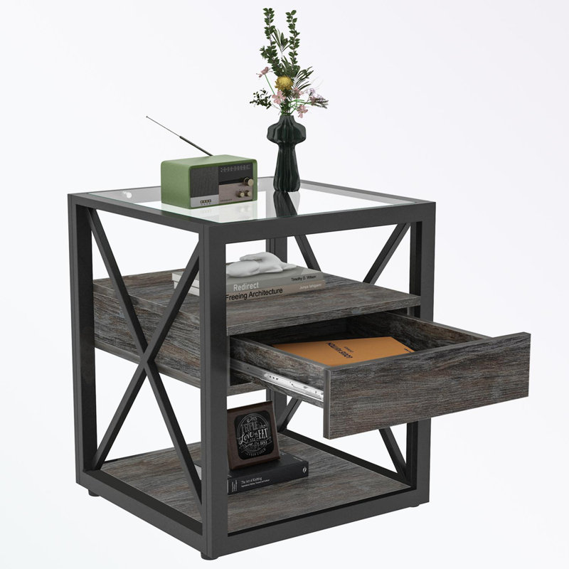 Table de bout avec plateau en verre, tiroir et tablette ouverte