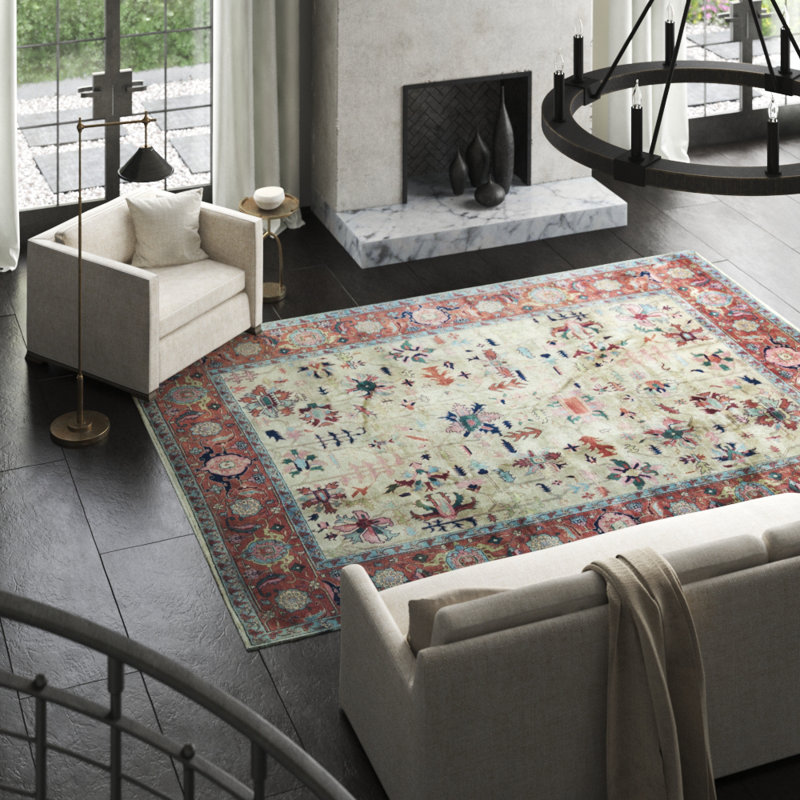 Hand-Knotted High-Quality Ivory and Rust Area Rug