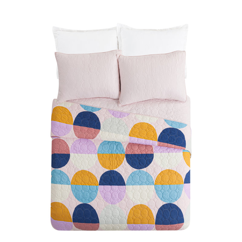  Circles Color Block 100% Cotton Quilt Set, Queen Quilt + 2 Shams