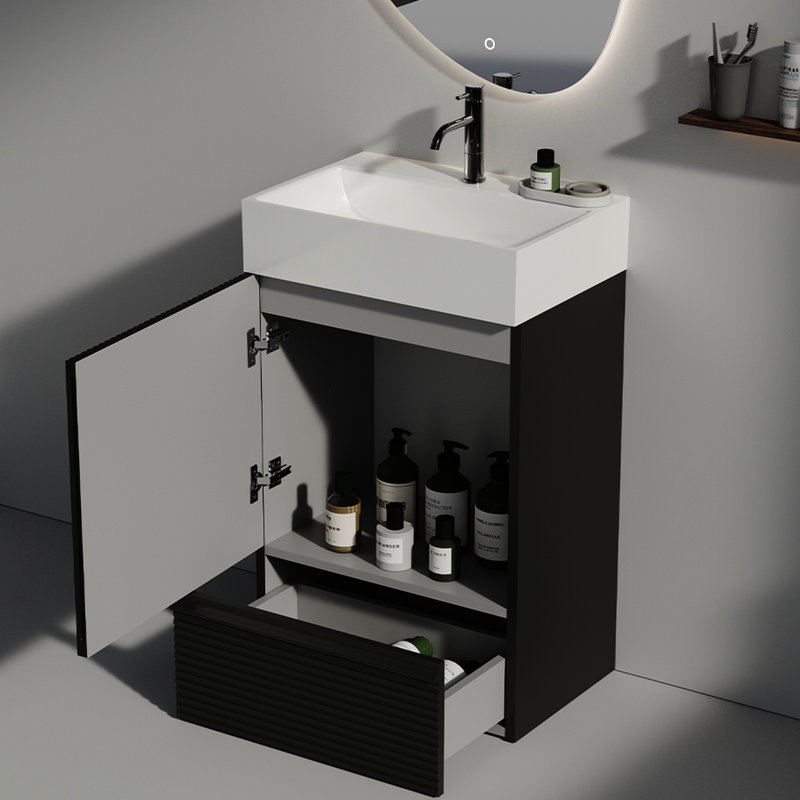 Meuble-lavabo autoportant moderne en noir mat - Lavabo en céramique et armoire de rangement pratique avec espace organisé