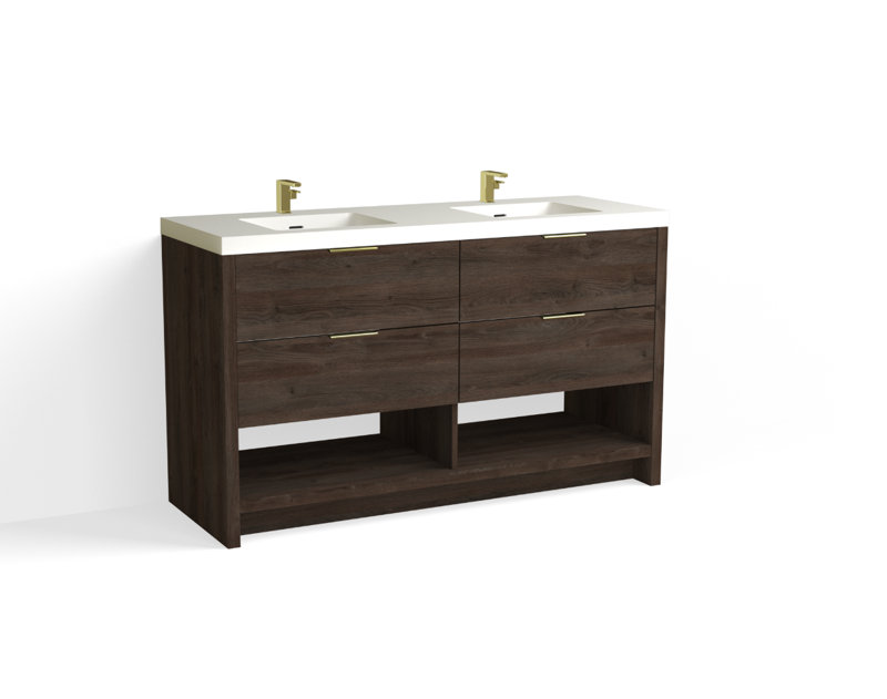 Vue 60" W Freestanding Double Bathroom Vanity, Matte White/8" Widespread, White Nanomatte, Satin Brass