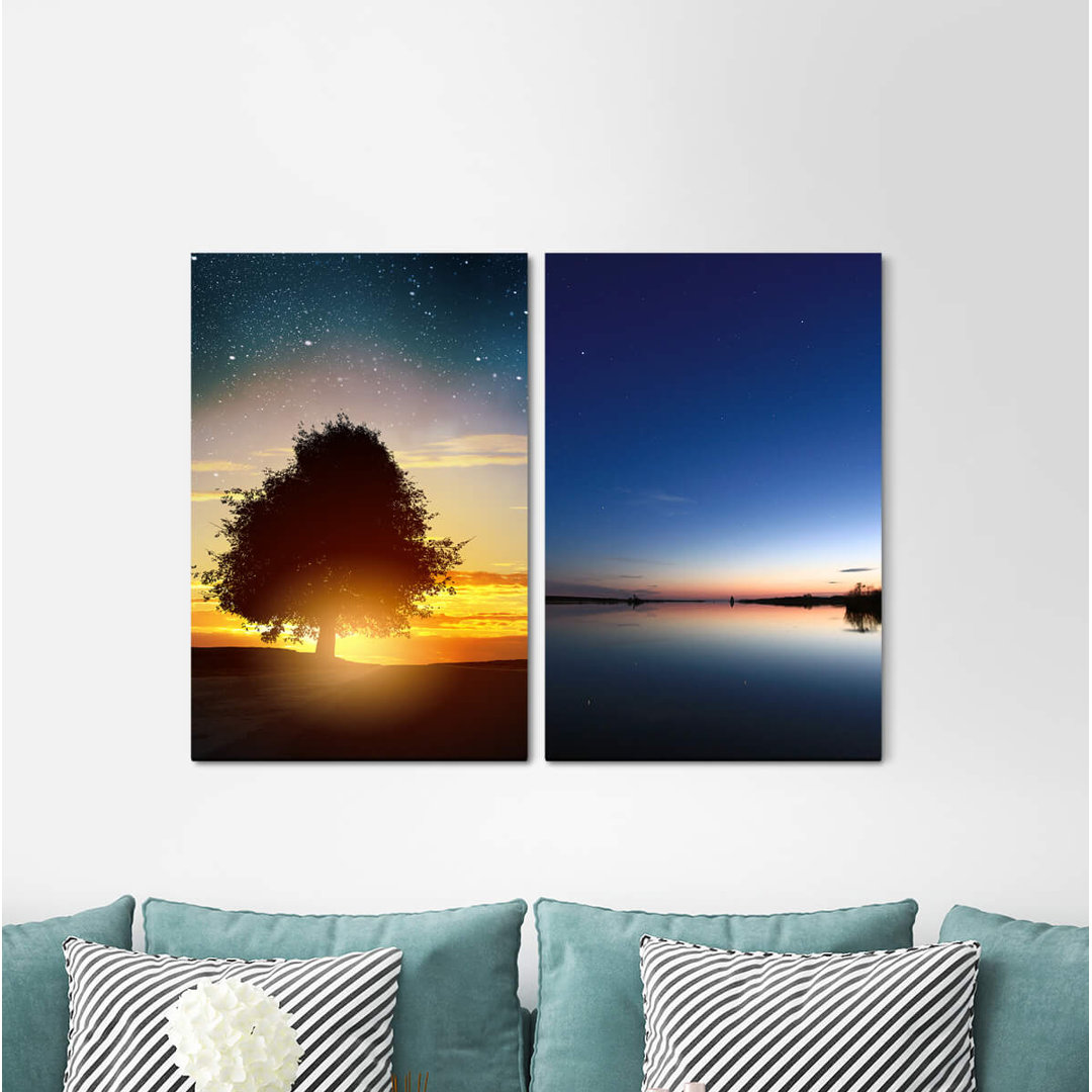 2-tlg. Leinwandbilder-Set - Fotografie „Tree Evening Red Sunset Sea Stars Night Sky”