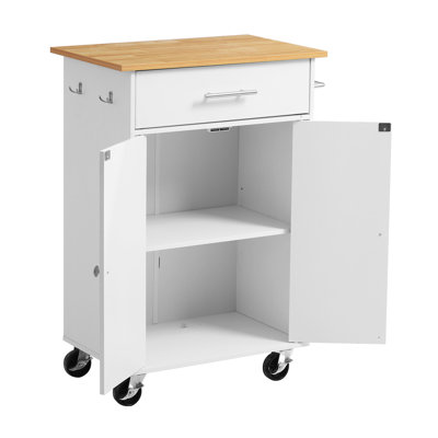 Kitchen Island Cart with Storage, 24.84 in Wide Mobile Rolling Storage Island on Swivel Wheels, with Drawer, Storage Cabinet, Towel Rack, Hooks, Table for Home Dining Room, White