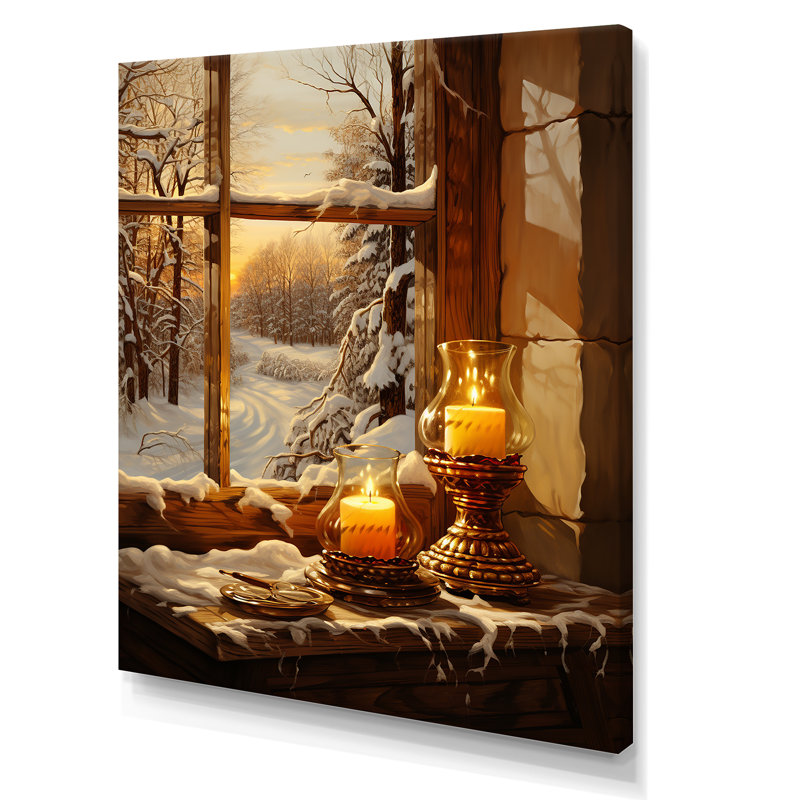 «Christmas Winter Window View II - Winter Landscape», art mural, Toile tendue, H 32 po x l 16 po