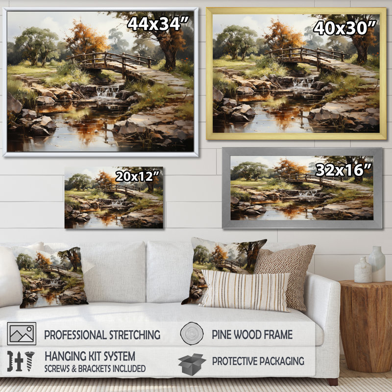 Bahner Green Bridge Rustic Charm An On Canvas Print, Gold Floater Framed, 34" H x 44" W x 1.5" D