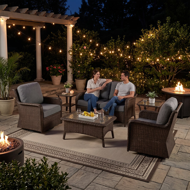 4-Person Outdoor Wicker Conversation Set with Cushions, Swivel Chairs & Coffee Table - Weatherproof Patio Sofa Set